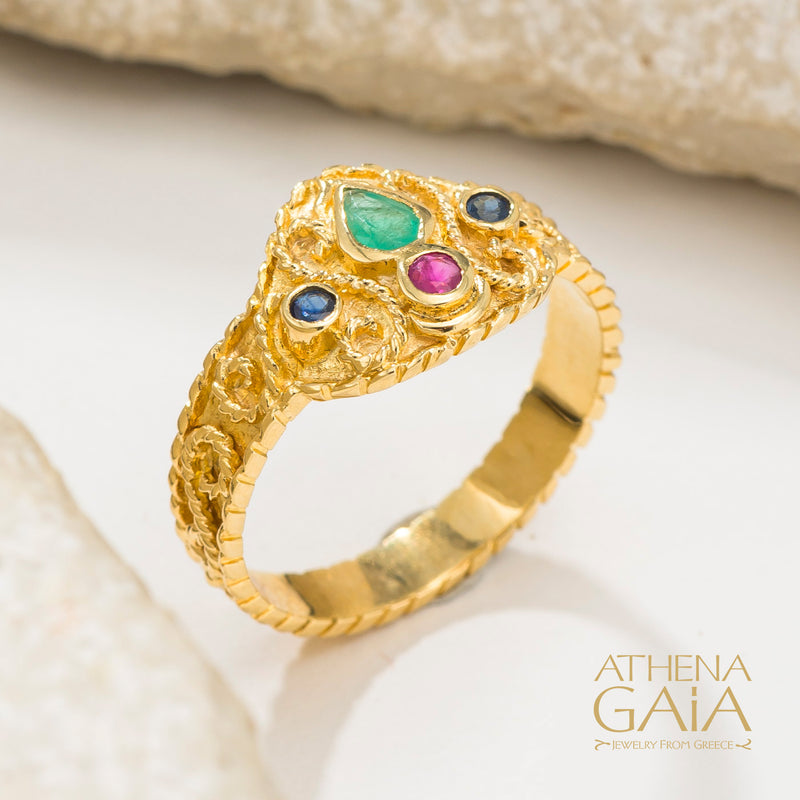 Regal Byzantine Stone Drop Ring - 18k Gold Ring