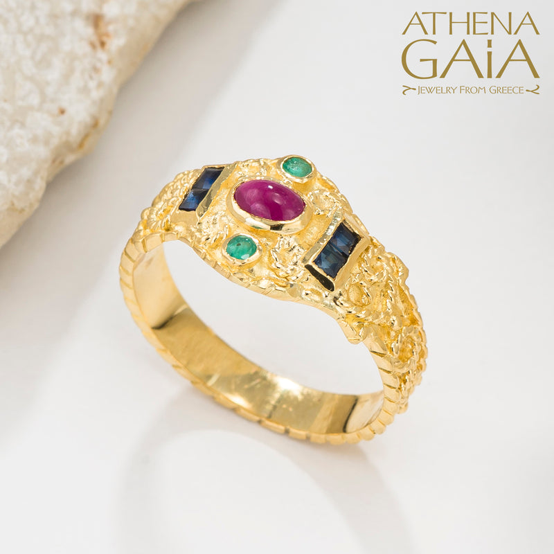 Regal Byzantine Bar Flank Ring - 18k Gold Ring