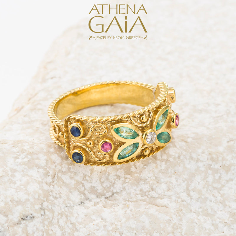 Regal Byzantine Butterfly Garden Ring - 18k Gold Ring
