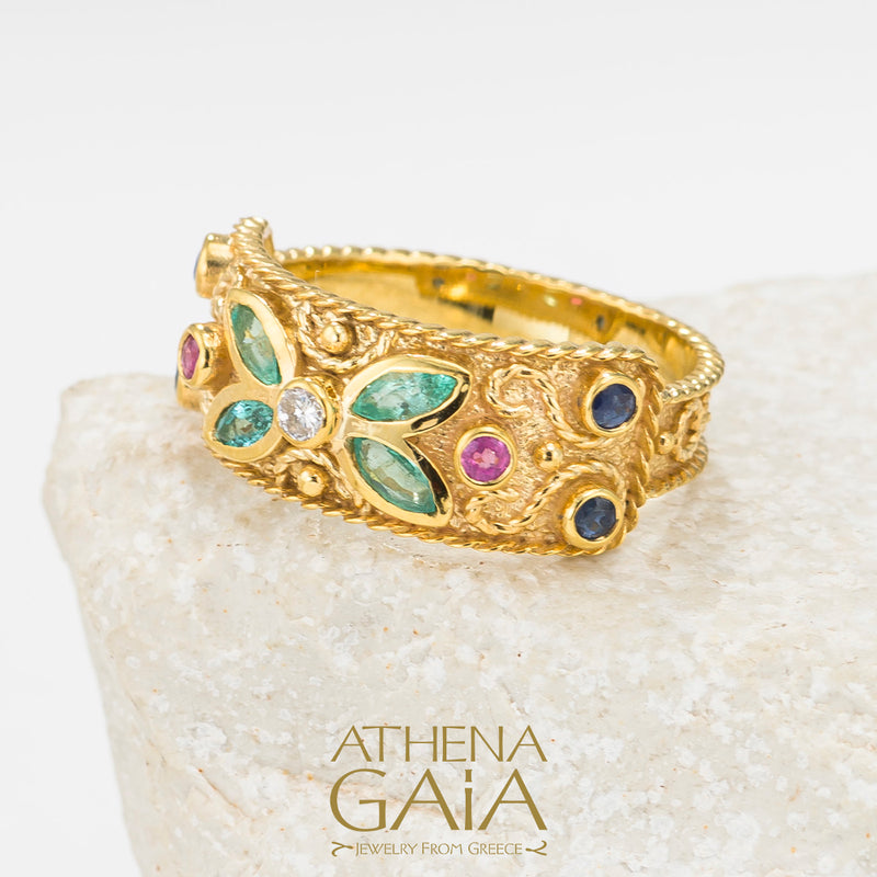 Regal Byzantine Butterfly Garden Ring - 18k Gold Ring