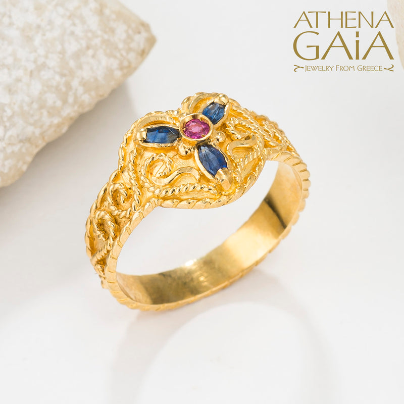 Regal Byzantine 3 Petal Ring - 18k Gold Ring