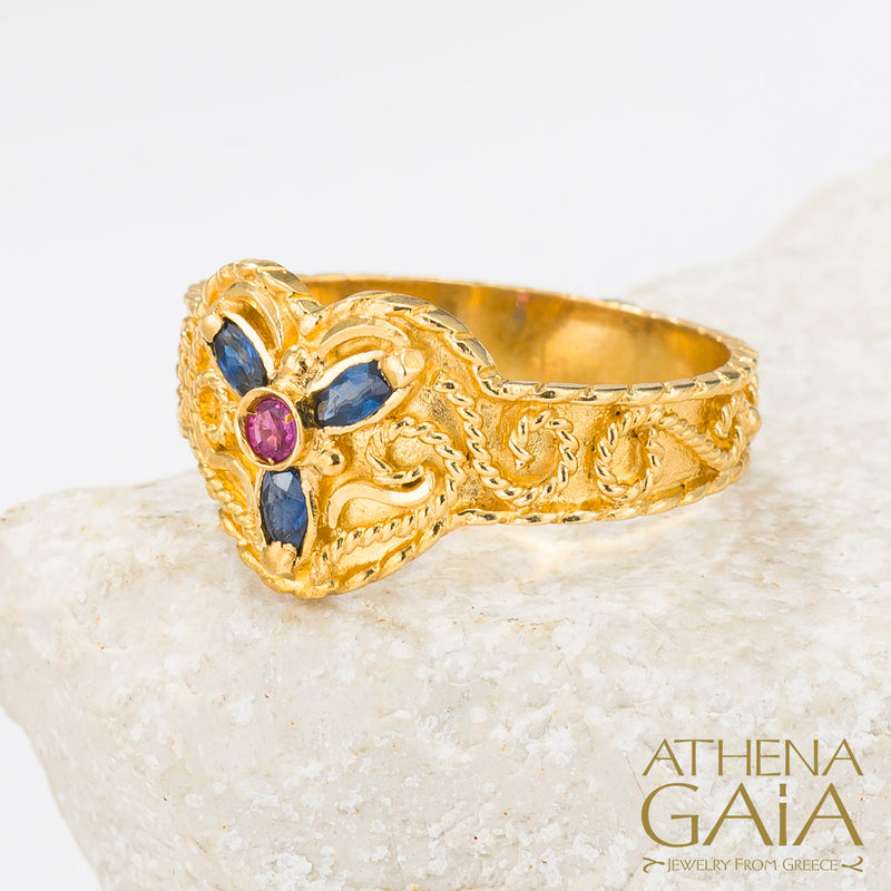Regal Byzantine 3 Petal Ring - 18k Gold Ring