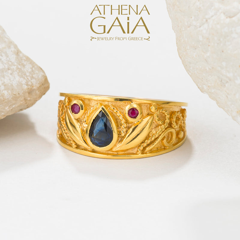 Regal Byzantine Sapphire Band Ring - 18k Gold Ring