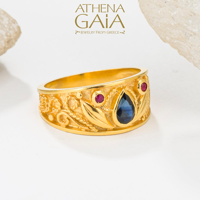 Regal Byzantine Sapphire Band Ring - 18k Gold Ring