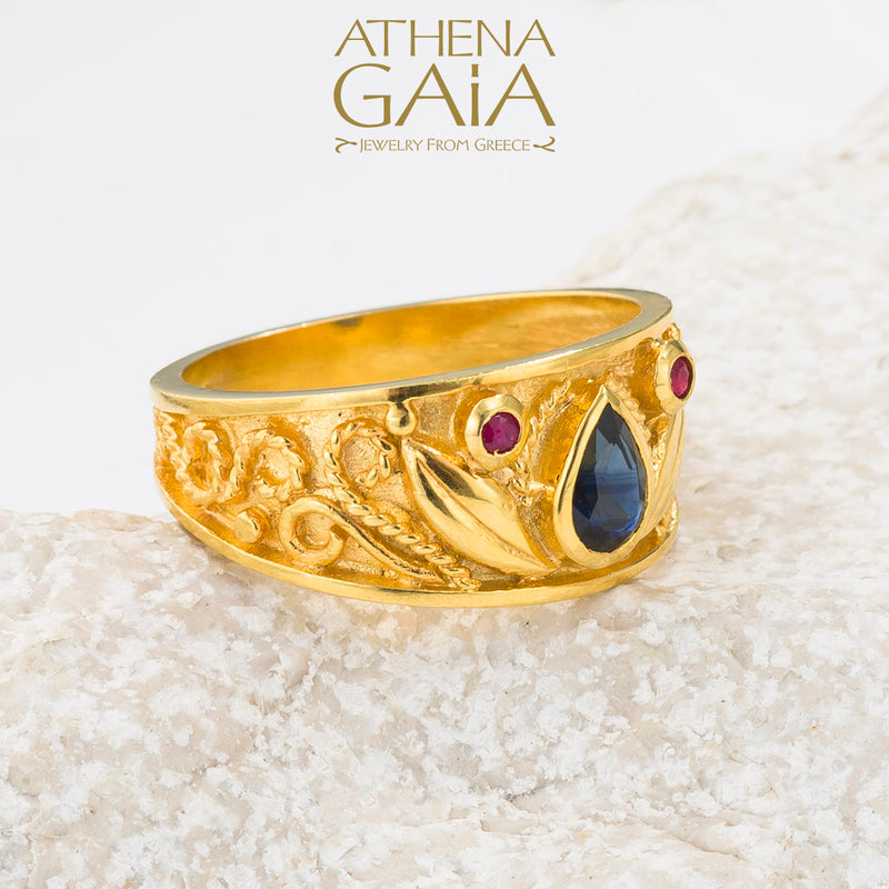 Regal Byzantine Sapphire Band Ring - 18k Gold Ring