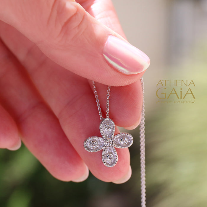 Geometric Greek Center Diamond Drops Cross with Necklace