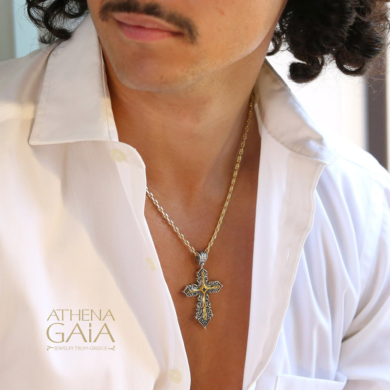 Golden Light Latin Cross - 18k Gold & Sterling Silver - Orthodox Cross Necklace