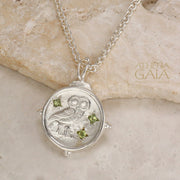 Silver owl pendant with four blue gemstone accents on a stone background.