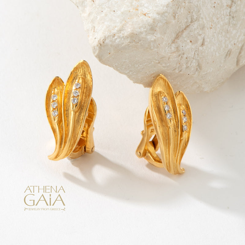 Golden Peonies Diamond Earrings - 18k Gold Earrings - Omega Clip Earrings