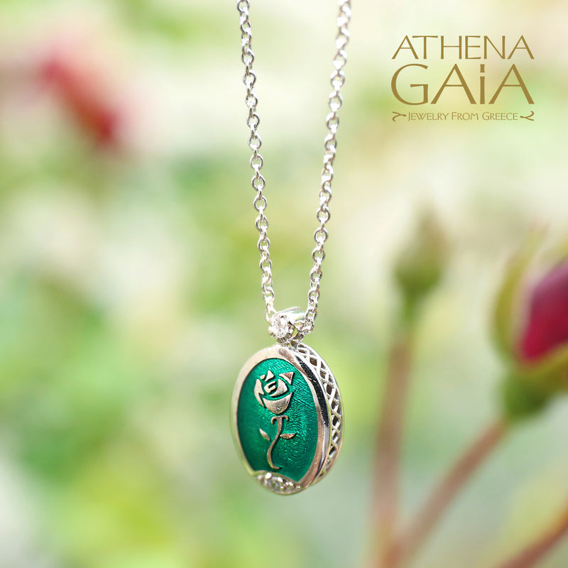 Elegant Reversible Rose Enamel Pendant Necklace - 18k Gold Necklace