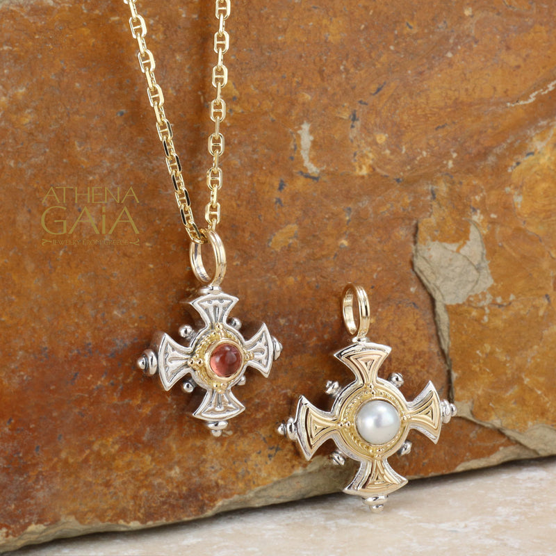 Silver Stone Maltese Cross (Small)- 18k Gold & Sterling Silver - Cross Necklace