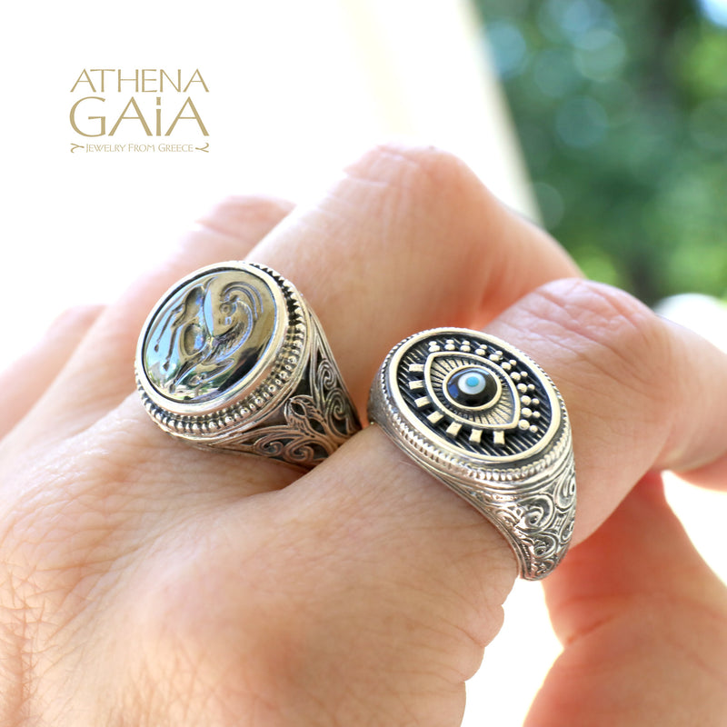 Oval Evil Eye Talisman Ring - Sterling Silver - Signet Ring