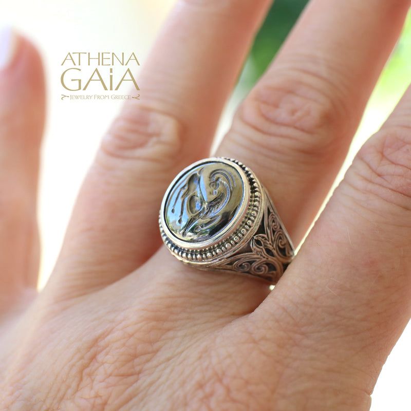 Antelope Ring - Sterling Silver & Blackened Bronze - Signet Ring