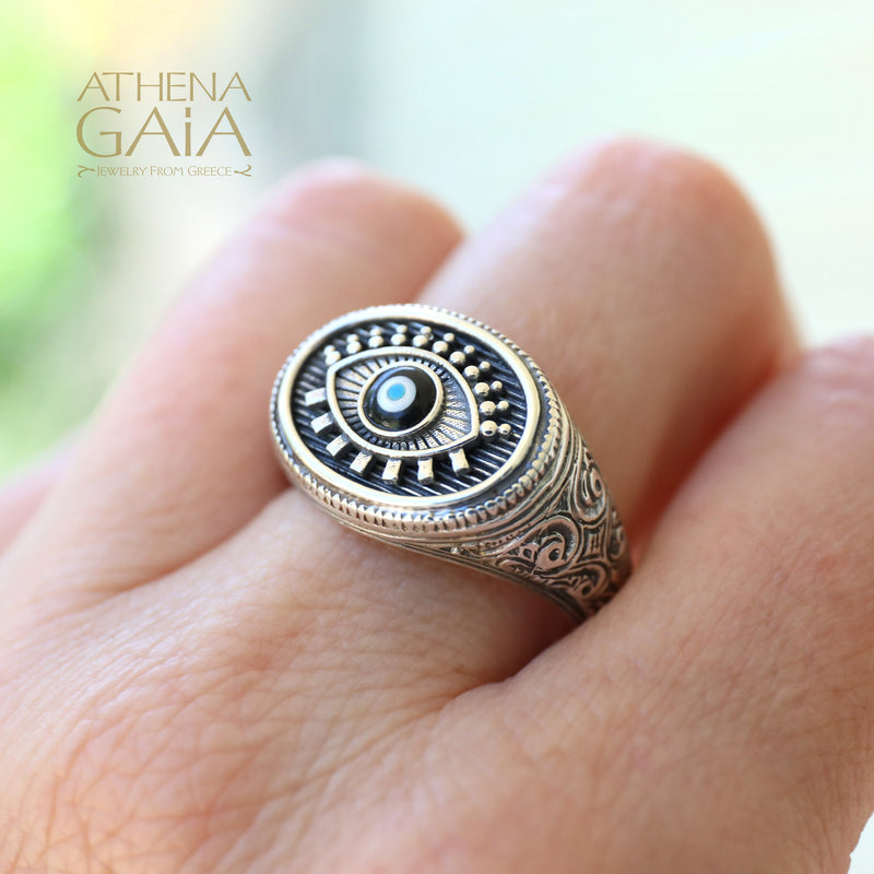 Oval Evil Eye Talisman Ring - Sterling Silver - Signet Ring