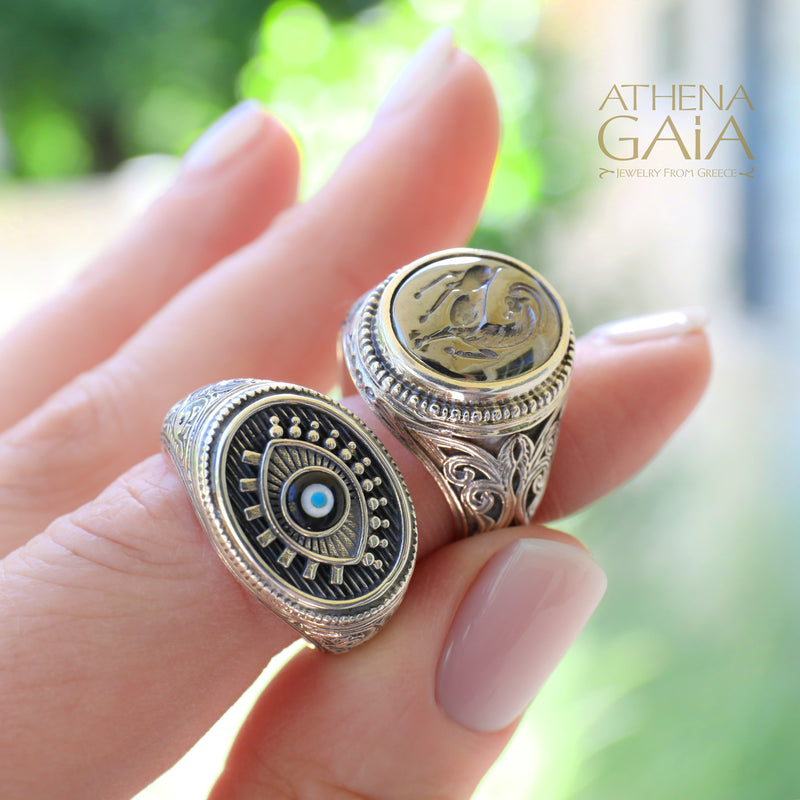 Oval Evil Eye Talisman Ring - Sterling Silver - Signet Ring