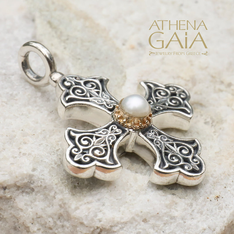 Aretousa Silver Faced Pearl Greek Cross (Large) - 18k Gold & Sterling Silver - Orthodox Cross