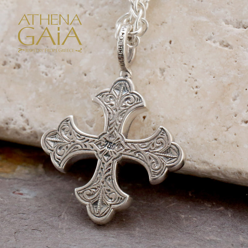 Aretousa Gold Faced Circle Bezel Greek Cross (Medium) - 18k Gold & Sterling Silver - Orthodox Cross
