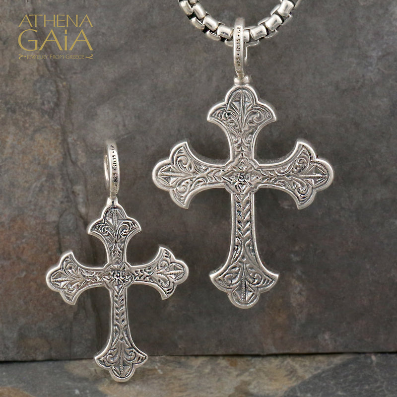Aretousa Gold Faced Oval Stone Cross (Large) - 18k Gold & Sterling Silver - Orthodox Cross