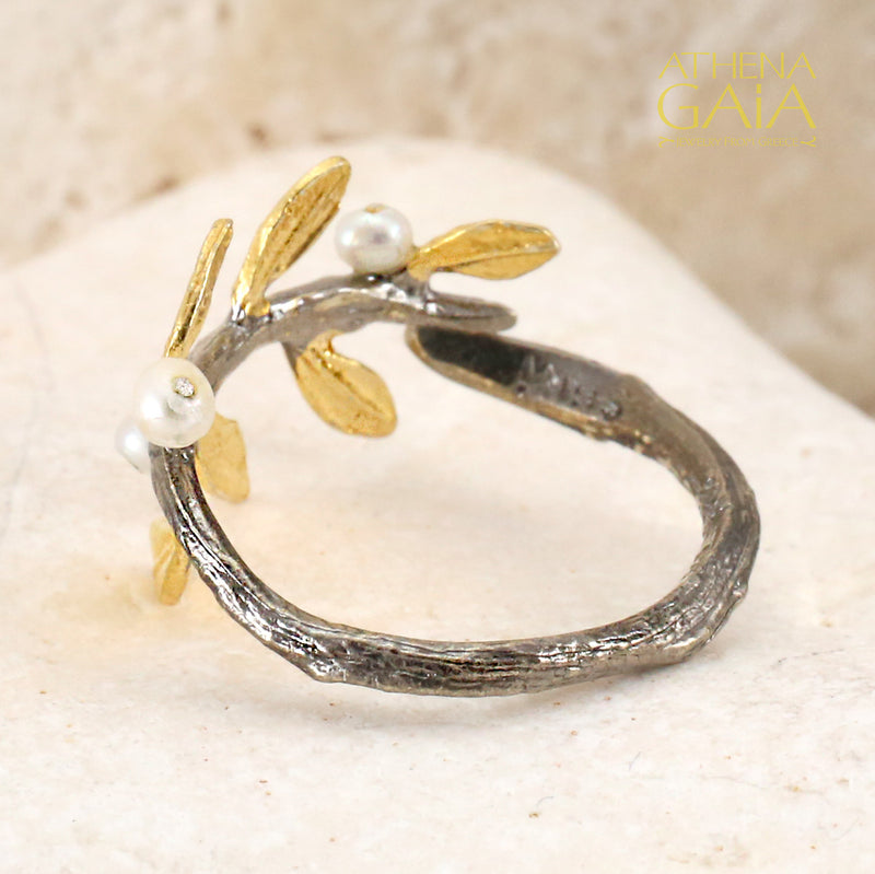 Pearl Olive Twig Ring - Gold Plating and Sterling Silver (In-Stock)