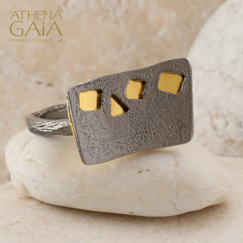 Rectangular River Stones Ring - Gold Plated Sterling Silver (In-Stock)