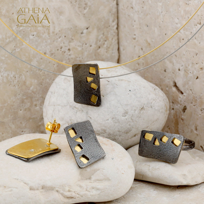 Rectangular River Stones Post Earrings (Large) - Gold Plated Sterling Silver Earrings