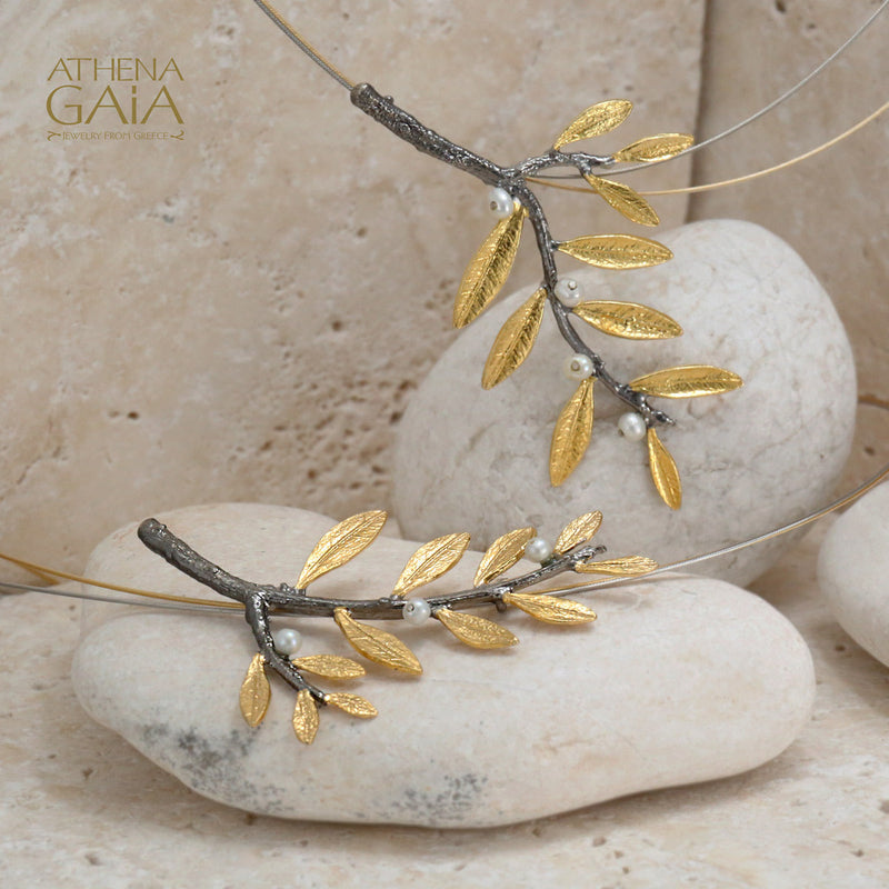 Mother Child Pearl Olive Twig Necklace (Horizontal) - Gold Plated Sterling Silver Necklace