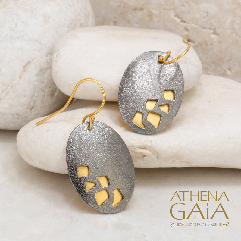 Oval River Stones Earrings - Gold Plated Sterling Silver French Wire Earrings