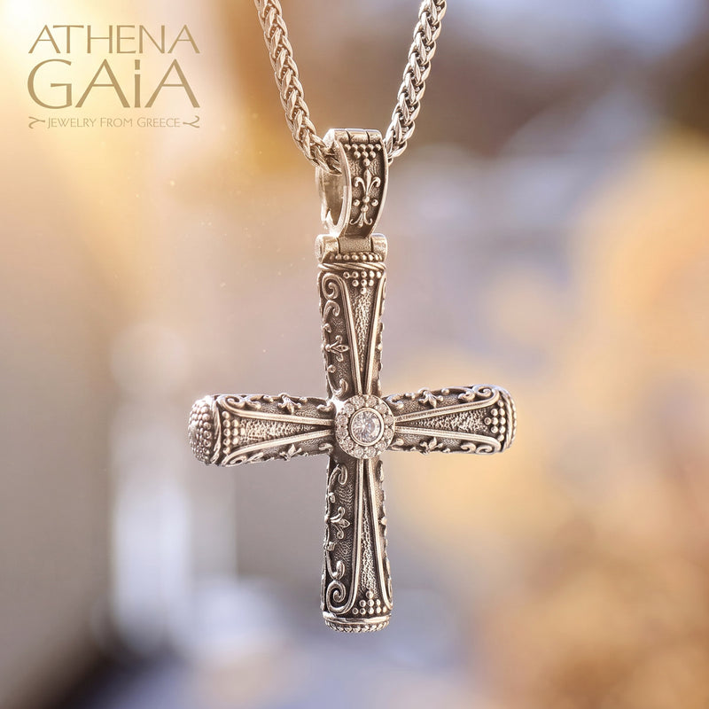 Columns Solid Diamond Halo Orthodox Cross (Large) - Sterling Silver - Byzantine Cross