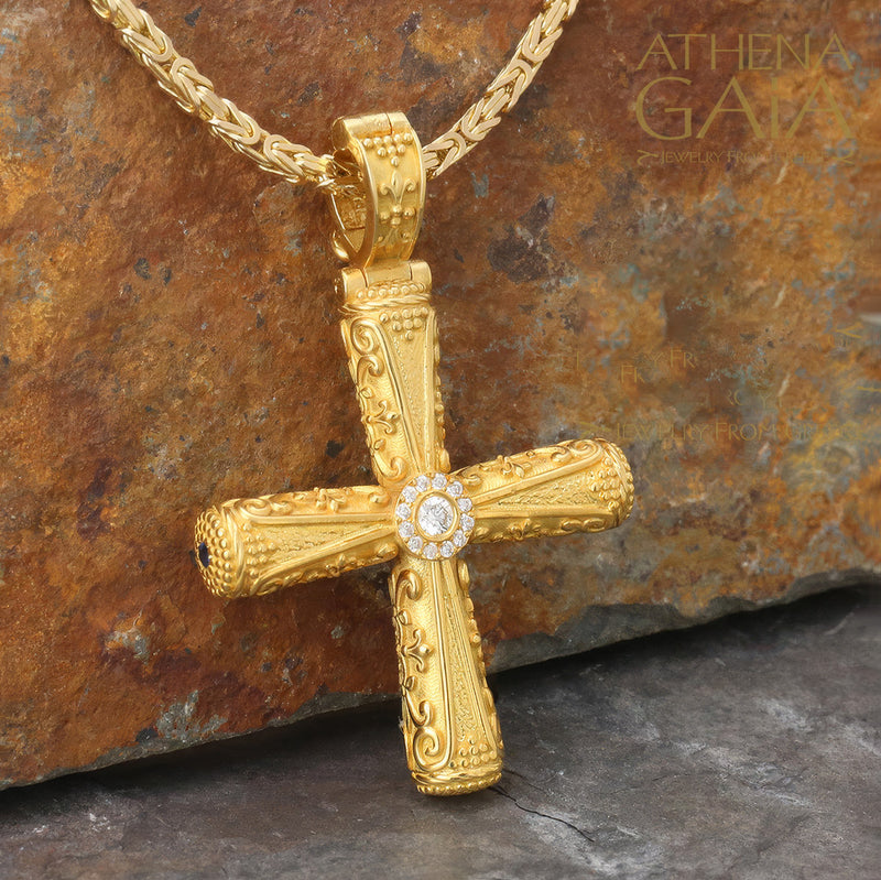 Columns Solid Halo Orthodox Cross (Large) - 18k Gold - Byzantine Cross