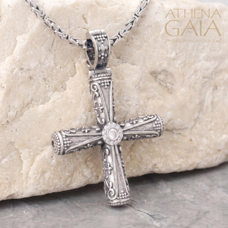 Columns Solid Halo Orthodox Cross (Large) - Sterling Silver - Byzantine Cross