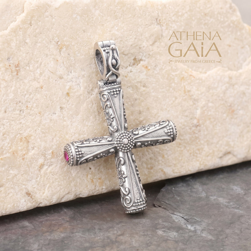 Columns Solid Halo Orthodox Cross (Large) - Sterling Silver - Byzantine Cross