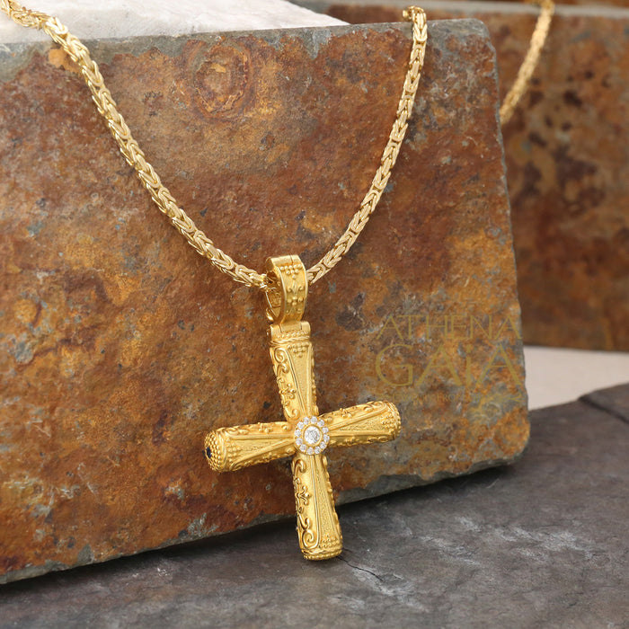 Diamond Halo Orthodox Cross (Large) - 18k Gold - Byzantine Cross