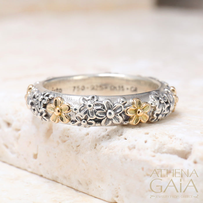 Wild Flowers Band Ring - 18k Gold & Sterling Silver Ring - Stackable Ring (In-Stock)