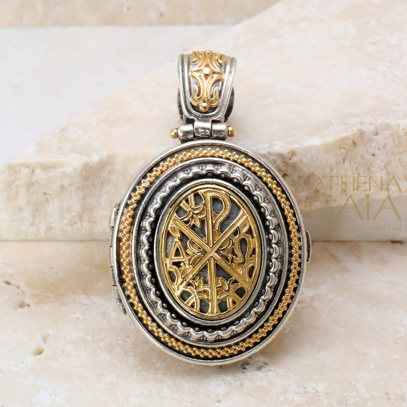 Chi Rho Cross Long Locket Pendant - 18k Gold & Sterling Silver Pendant