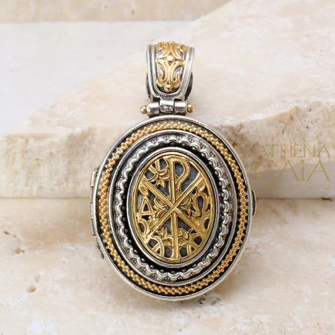 Chi Rho Cross Long Locket Pendant - 18k Gold & Sterling Silver Pendant