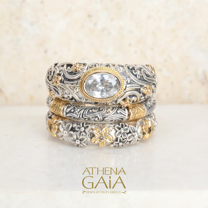 3-Ring Meadow Breeze Color Classic Triple Stack - 18k Gold & Sterling Silver Ring - Stackable Ring