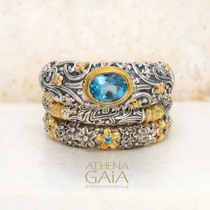 3-Ring Meadow Breeze Color Classic Triple Stack - 18k Gold & Sterling Silver Ring - Stackable Ring