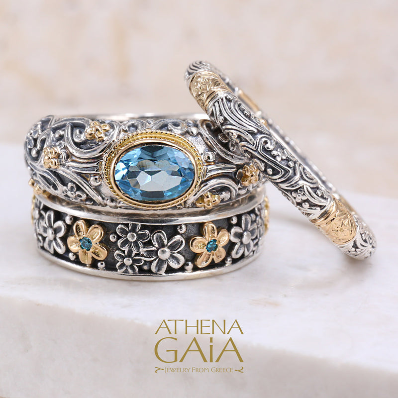 Wild Flowers Edged Stone Band Ring - 18k Gold & Sterling Silver Ring - Stackable Ring