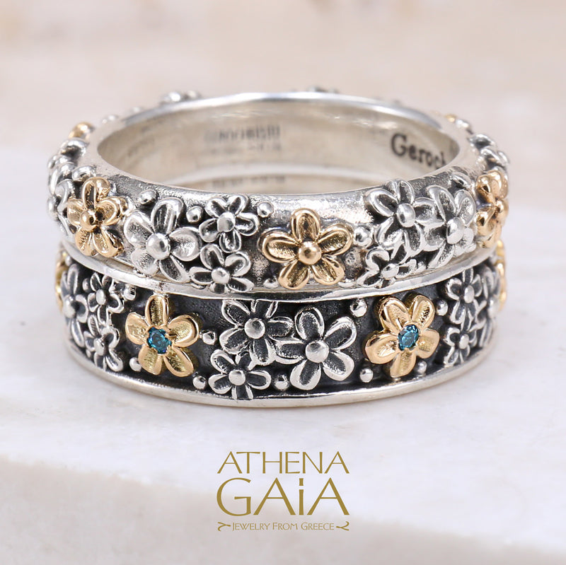 Wild Flowers Edged Stone Band Ring - 18k Gold & Sterling Silver Ring - Stackable Ring