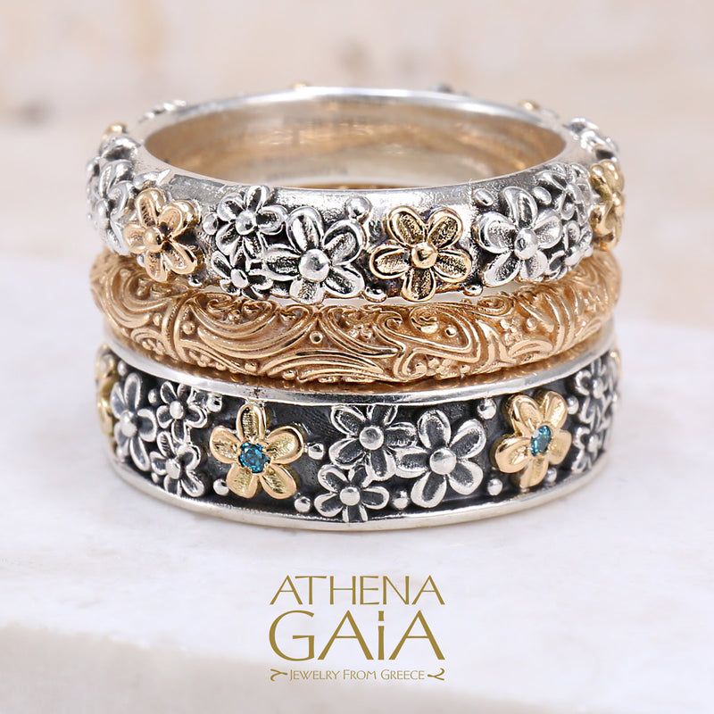 Wild Flowers Edged Stone Band Ring - 18k Gold & Sterling Silver Ring - Stackable Ring