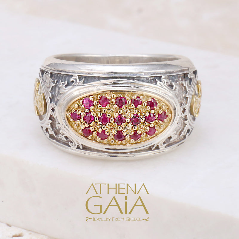 Patmos Maltese Cross Field Stone Ring - 18k Gold & Sterling Silver Ring - Cigar Band Ring