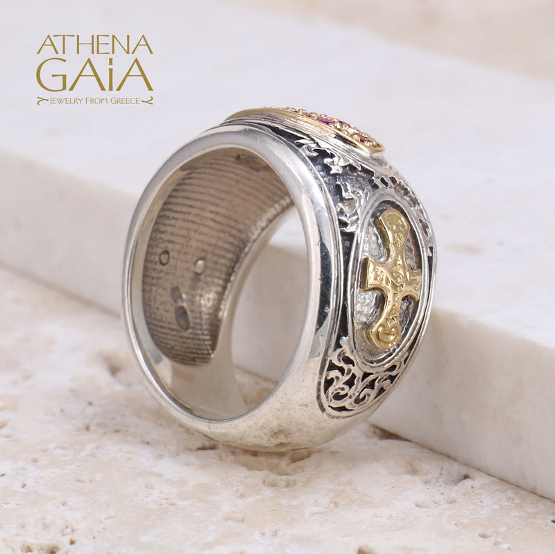 Patmos Maltese Cross Field Stone Ring - 18k Gold & Sterling Silver Ring - Cigar Band Ring