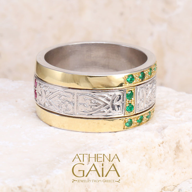 Synergy Double Row Gold Field Ring - 18k Gold & Sterling Silver Ring - Cigar Band Ring