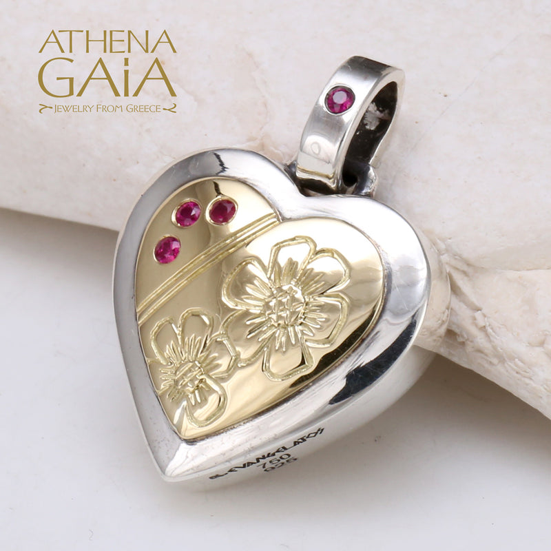 Flowers with Gemstones Heart Pendant - 18k Gold & Sterling Silver Pendant