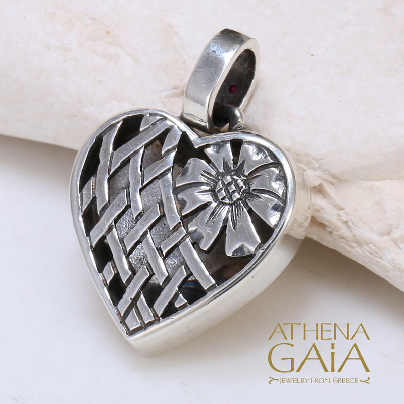 Flowers with Gemstones Heart Pendant - 18k Gold & Sterling Silver Pendant