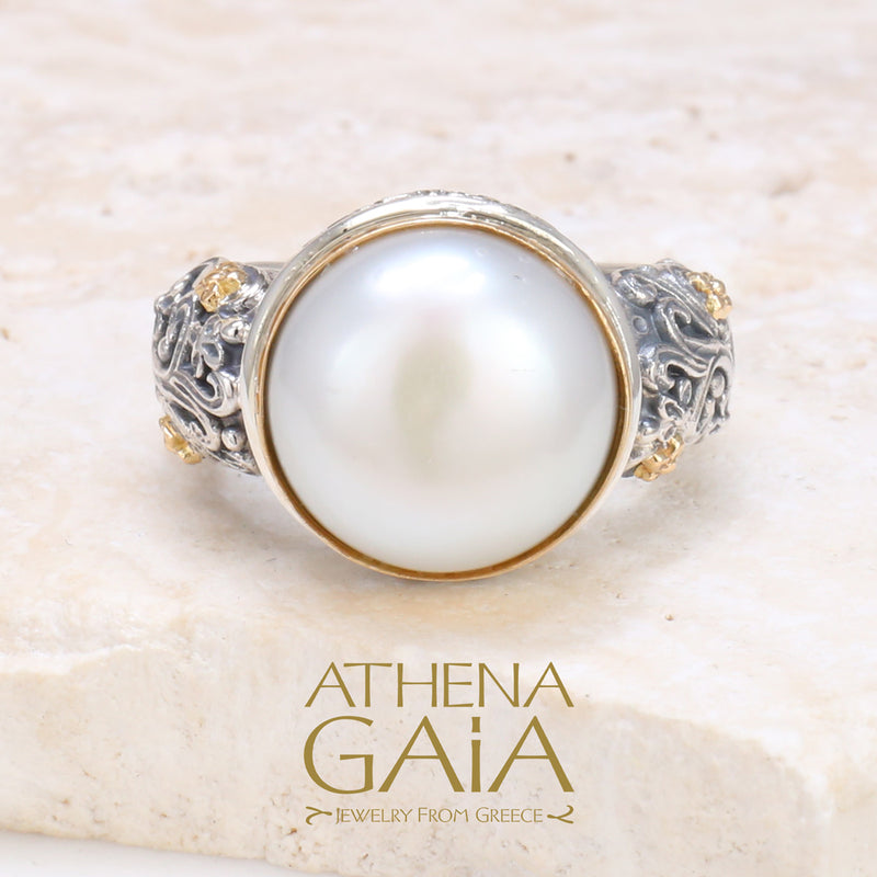 Meadow Breeze Pearl Ring - 18k Gold & Sterling Silver Ring- Cocktail Ring