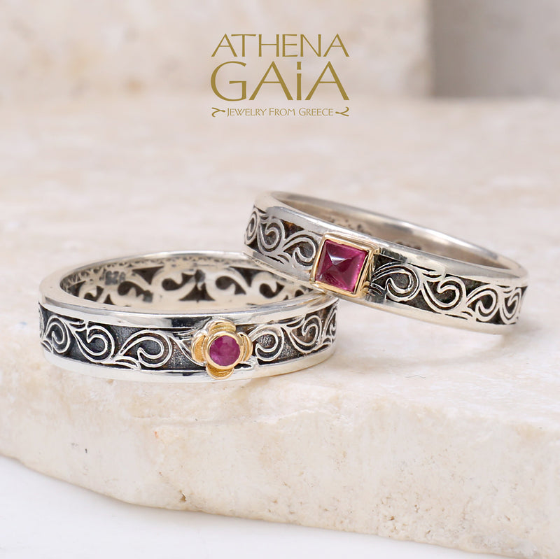 Kyma with Flower Stone Bezel Band Ring - 18k Gold & Sterling Silver Ring - Stackable Ring