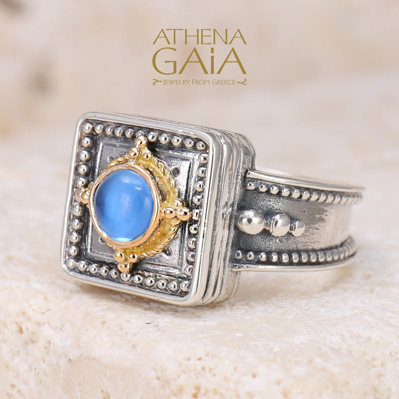 Cyclades Square Ring - 18k Gold & Sterling Silver Ring - Signet Ring