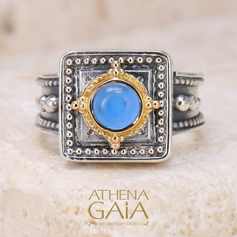 Cyclades Square Ring - 18k Gold & Sterling Silver Ring - Signet Ring