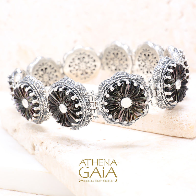 Mother of Pearl Flower Bracelet - Sterling Silver Bracelet - Link Bracelet